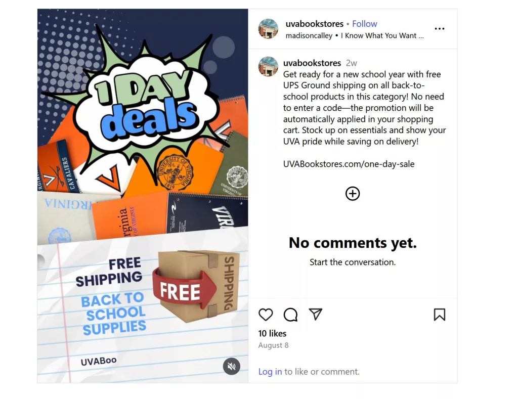 post back-to-school instagram post promoting free shipping